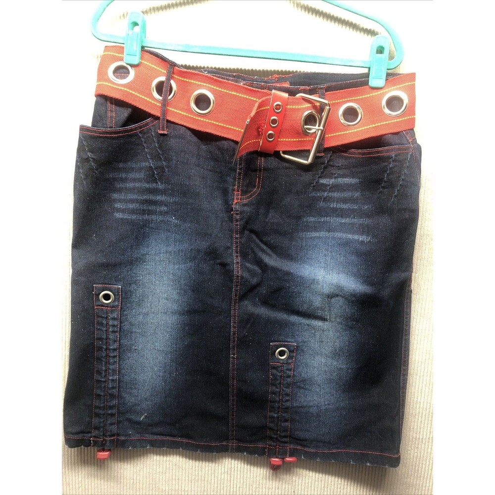 Goddess Trend Denim Skirt Size 16 Blue Red Belt Short Length